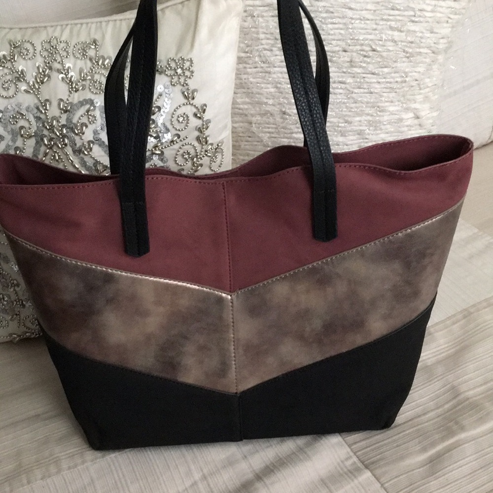 Charming Charlie maroon, gold, and black tote.